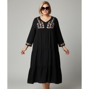 3X PLUS SZ Peasant Floral Embroidered Cottagecore Boho Fairy Black Maxi Dress